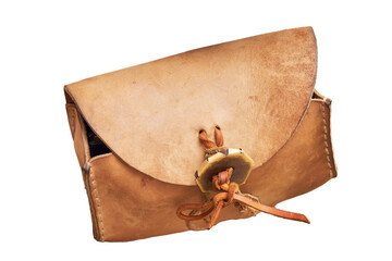 Vintage leather waist bag for man in ancient roman retro clothes, isolated on a white background
