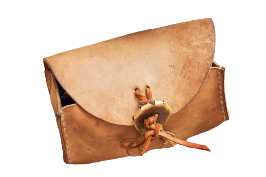 Vintage leather waist bag for man in ancient roman retro clothes, isolated on a white background