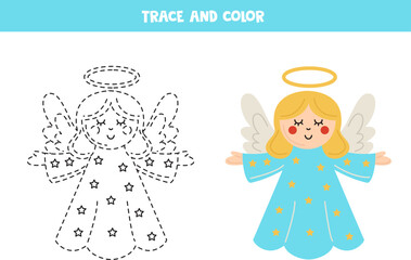 Trace and color cartoon angel. Worksheet for children.