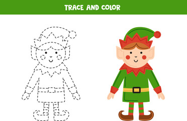 Trace and color cartoon elf. Worksheet for children.