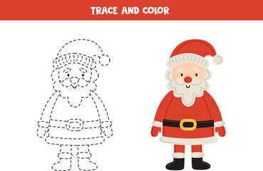 Trace and color cartoon Santa Claus. Worksheet for children.