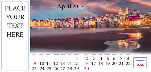 April 2023. Desktop monthly calendar template with place logo and contact information. Set of...