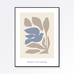 Trendy Botanical Matisse Wall Art with Floral Patterns and Dove in Pastel Colors, Boho Decor, Minimalist Art, Illustration, Poster, Postcard. Set of abstract fashion creativity.