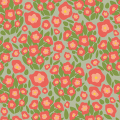 Bright red flowers seamless pattern on green background.