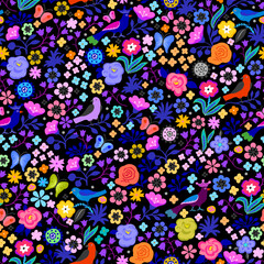 A pattern of fabulous flowers and birds in purple tones.