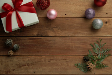 Christmas presents on wooden table top background
