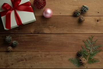 Christmas presents on wooden table top background