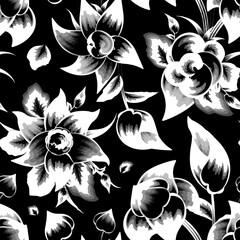 abstract flower seamless pattern on black background. vintage design style. monochromatic design. nature wallpaper. tropical floral seamless backgron. plants leaves seamless pattern. jungle elements

