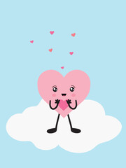 A cute kawaii-style heart on a cloud is a hand-drawn cartoon character.