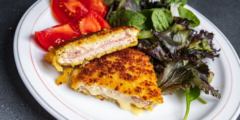 cutlet cordon blue chicken, ham, cheese fresh delicious snack healthy meal food snack on the table copy space food background rustic top view