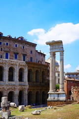 Theatre of Marcellus (Theatrum Marcelli or Teatro di Marcello) with ruins of the temple of Apollo on the right. Rome, Italy