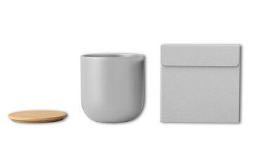 Empty blank grey matte candle with box and wooden lid, mock up template isolated on background.Minimalistic box packaging and candle. 3d rendering.