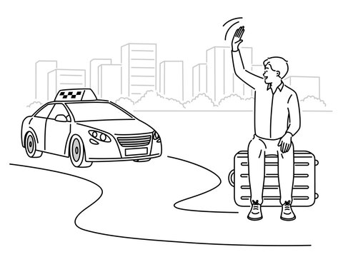black and white taxi and man hailing cab clip art preview