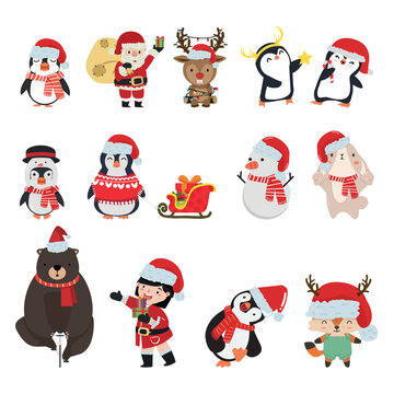cute happy winter characters Christmas set