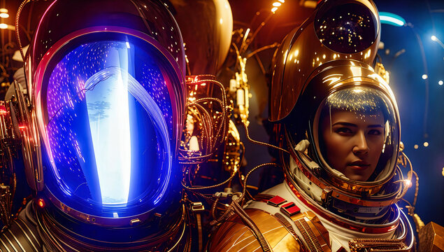 young woman astronaut in a golden space suit with glas face fask staying next to astronaut with reflecting blue light, blurry technical lights in a background