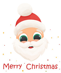 Greeting card with happy cartoon Santa, cute postcard with winter holiday character