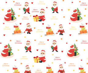 Seamless pattern with New Year's winter characters, Santa with gifts, Santa with a sleigh, Santa rejoices at a gift, congratulatory inscription, holiday pattern