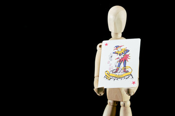 wooden dummy and poker cards, puppet made of wood, art mennequin.Wooden Doll