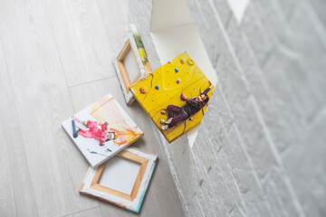 Canvas print. photo with gallery wrap method of canvas stretching on stretcher bar. Sample of stretched color photograph printed on canvas, lateral side, closeup.