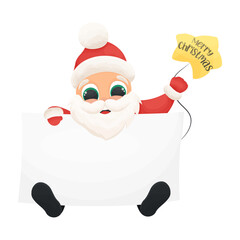 Greeting card with happy cartoon Santa, cute postcard with winter holiday character