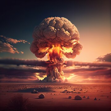 Nuclear explosion in the desert. Atom bomb explosion and mushroom cloud exploding. Photorealistic illustration generated by Ai