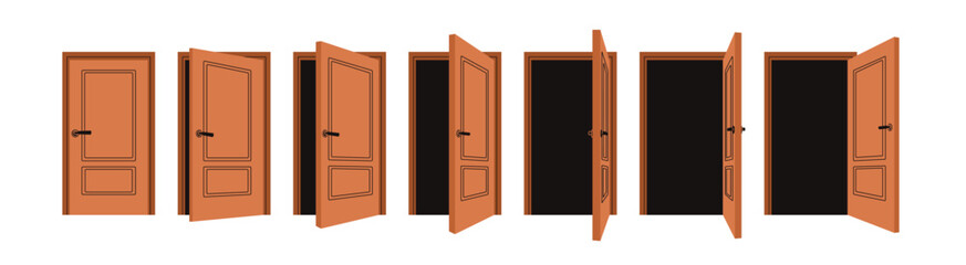 Closed, ajar and open wood door, sequence of stages. Closing doorway, process for animation. Locked, shut, unlocked entrance, entry, doorframe. Flat vector illustration isolated on white background - obrazy, fototapety, plakaty
