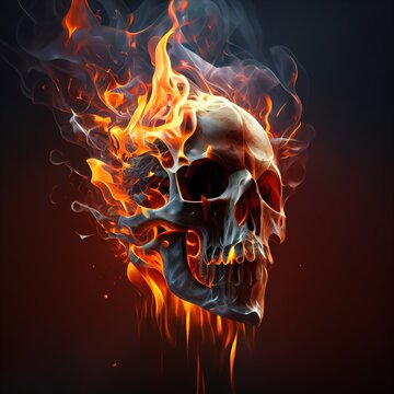 Burning skull with bright blazing fire flames, Ai generated illustration