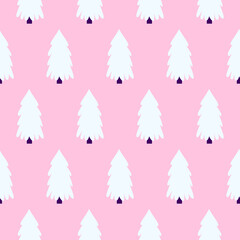 Fototapeta na wymiar Pink Christmas Tree Seamless Pattern. Vector Illustration of Cartoon Style Greeting Seasonal Holiday Background.