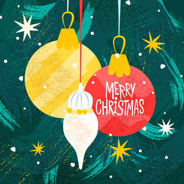 Merry Christmas Decorating Glass Balls. Vector Illustration of Winter Greeting Card.