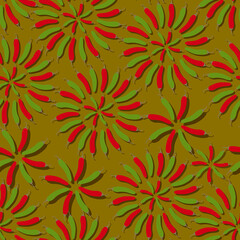Fototapeta premium Seamless pattern with serrano green and red peppers. Capsicum annuum. Chili pepper. Vegetables. Vector illustration isolated on yellowish brown background. Flat style.