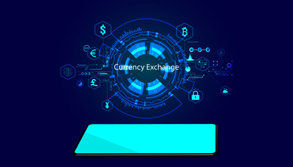 Abstract background digital online currency exchange infographic hud interface on circle background and phone on blue background