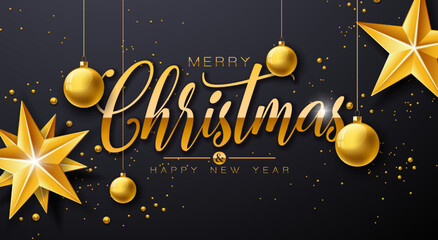 Merry Christmas and Happy New Year Illustration with Gold Glass Ball, Star and Golden Typography Elements on Black Background. Vector Holiday Season Design for Greeting Card, Party Invitation or Promo