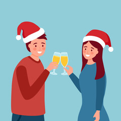 Young couple clinking glasses of wine n flat design. Champagne toast celebration concept vector illustration.