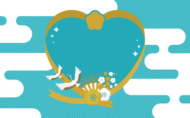 日本らしい紅白梅と鶴と霞の和風お祝いハートフレーム素材_水色_文字なし