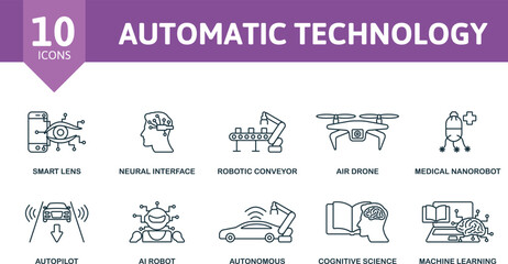 Automatic Technology icon set. Monochrome simple Automatic Technology icon collection. Smart Lens, Neural Interface, Robotic Conveyor, Air Drone, Medical Nanorobot, Autopilot, Ai Robot, Autonomous