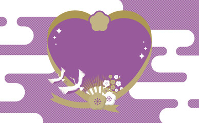 日本らしい紅白梅と鶴と霞の和風お祝いハートフレーム素材_紫_文字なし