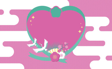 日本らしい紅白梅と鶴と霞の和風お祝いハートフレーム素材_ピンク_文字なし