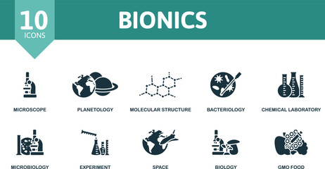 Bionics icon set. Monochrome simple Bionics icon collection. Microscope, Planetology, Molecular Structure, Bacteriology, Chemical Laboratory, Microbiology, Experiment, Space, Biology, Gmo Food icon