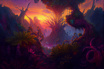 Fototapeta premium sunset in magical fantasy jungle, landscape, digital painting, background 