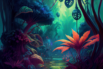 Fototapeta na wymiar alien planet magical fantasy jungle, landscape, digital painting, background