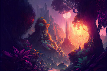 Obraz premium sunset in magical fantasy jungle, alien landscape, digital painting, background