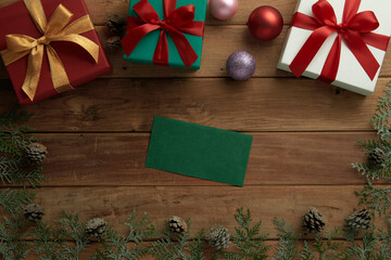 christmas decor on wood table, flat lay, top view