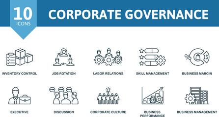 Corporate Governance icon set. Monochrome simple Corporate Governance icon collection. Inventory Control, Job Rotation, Labor Relations, Skill Management, Business Margin, Executive, Discussion