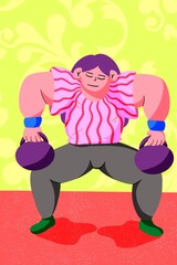 Woman with long purple hair lifts weights while smiling calmly