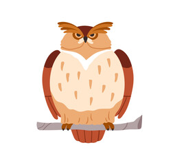 Cute old owl with serious face. Funny wise bird sitting on tree branch, twig. Elderly big birdie frowning with large feathered brows. Realistic flat vector illustration isolated on white background