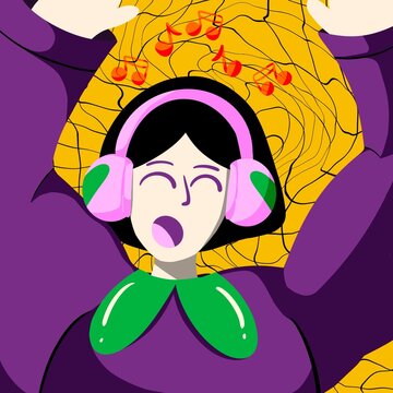 Woman in pink headphones sings with her eyes closed while raising her arms
