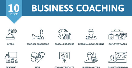 Business Coaching icon set. Monochrome simple Business Coaching icon collection. Speech, Tactical Advantage, Global Progress, Personal Development, Employee Wages, Teaching, Help, Economy Project