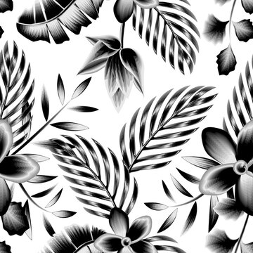 tropical palm leaves seamless pattern with vintage monochromatic banana leaf and floral plants foliage on light backgrond. Floral background. Exotic tropics. Summer design. fashionable prints texture
