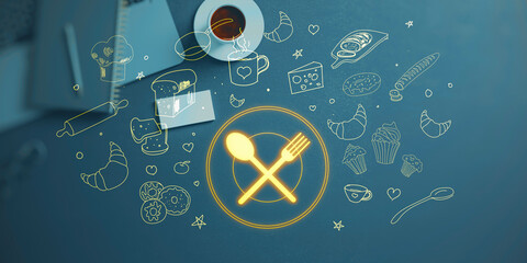 Creative glowing food sketch on top of desk with coffee cup and supplies. Online food delivery order concept. 3D Rendering.