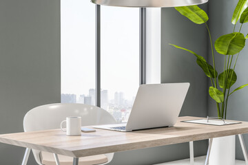 Perspective view on light wooden table with modern laptop and tea cup in sunlit room with city view from window and grey wall background. 3D rendering